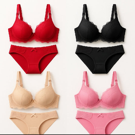 Women’s Premium Bra & Panty Set – Comfortable, Stylish, Lace Full Coverage Lingerie (Red / Black / Skin) ( pink )