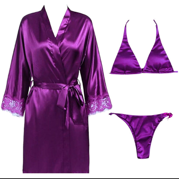 Women 3 Piece Nighty Sleepwear Silk Satin night dress Lingerie Set With Robe and Short Gown Bridal for Ladies and Girls for Night Wear Bra