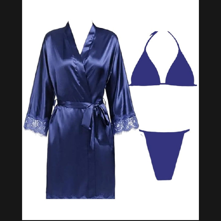 Women 3 Piece Nighty Sleepwear Silk Satin night dress Lingerie Set With Robe and Short Gown Bridal for Ladies and Girls for Night Wear Bra