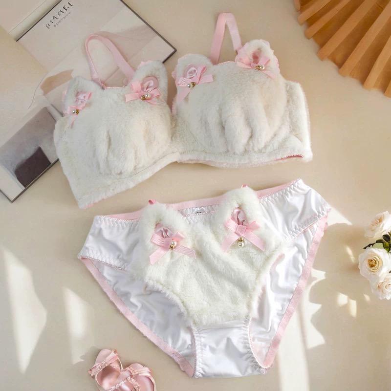 Soft & Cozy Cat Lingerie Set - Cute Animal Design Warm Bra and Panty Set Fuzzy plusybraset