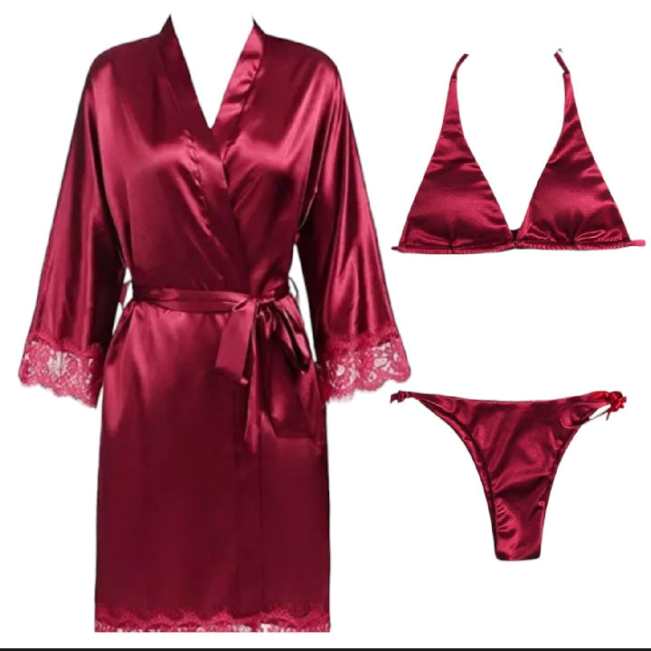 Women 3 Piece Nighty Sleepwear Silk Satin night dress Lingerie Set With Robe and Short Gown Bridal for Ladies and Girls for Night Wear Bra