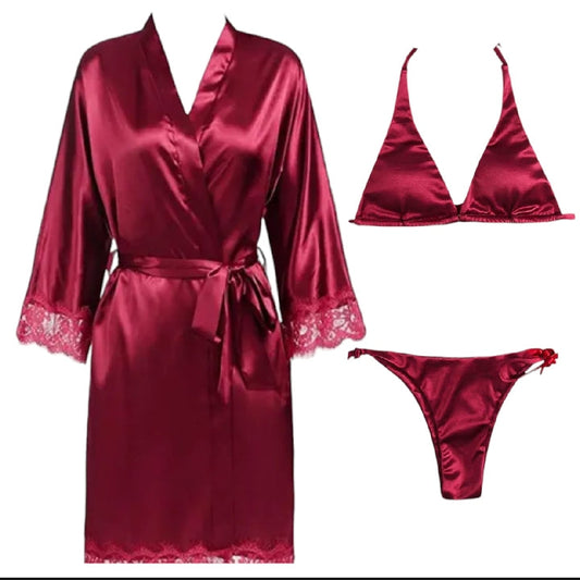 Women 3 Piece Nighty Sleepwear Silk Satin night dress Lingerie Set With Robe and Short Gown Bridal for Ladies and Girls for Night Wear Bra