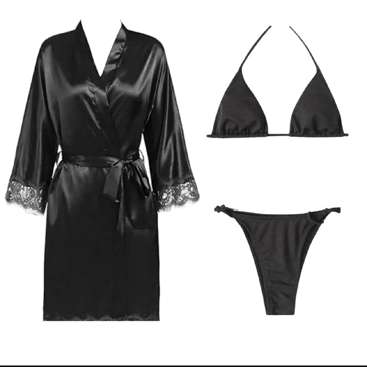 Women 3 Piece Nighty Sleepwear Silk Satin night dress Lingerie Set With Robe and Short Gown Bridal for Ladies and Girls for Night Wear Bra