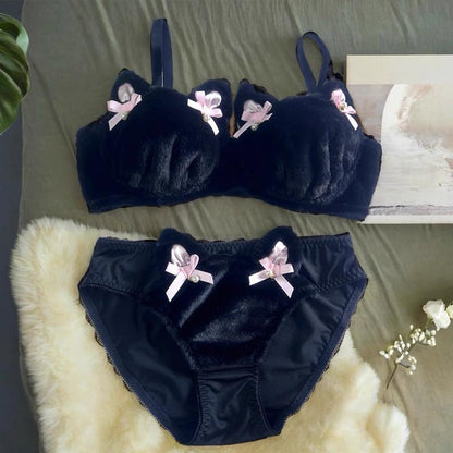 Soft & Cozy Cat Lingerie Set - Cute Animal Design Warm  Bra and Panty Set Fuzzy plusybraset
