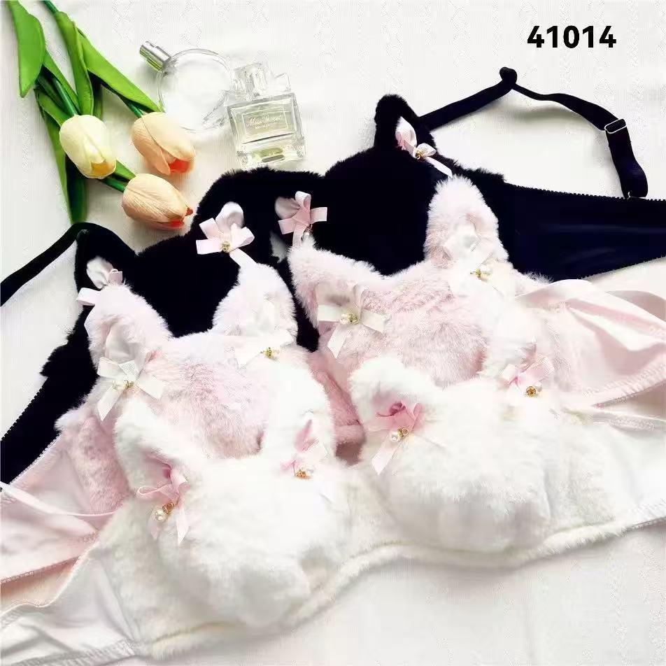 Soft & Cozy Cat Lingerie Set - Cute Animal Design Warm  Bra and Panty Set Fuzzy plusybraset