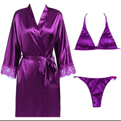 Women 3 Piece Nighty Sleepwear Silk Satin night dress Lingerie Set With Robe and Short Gown Bridal for Ladies and Girls for Night Wear Bra