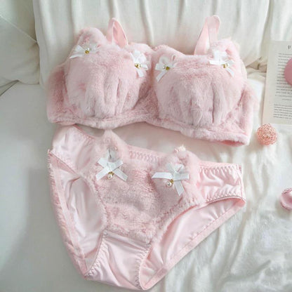 Soft & Cozy Cat Lingerie Set - Cute Animal Design Warm  Bra and Panty Set Fuzzy plusybraset